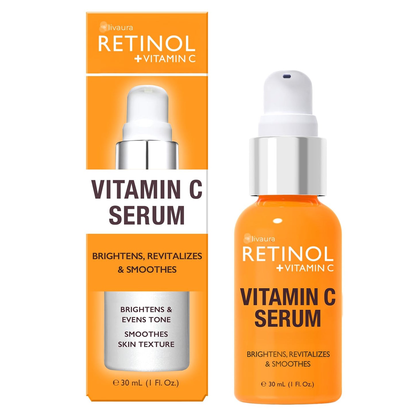LIVAURA Retinol + Vitamin C Face Serum - Anti Aging Facial Serum, Evens Skin Tone, Diminishes Fine Lines and Wrinkles, Sun Damage & Dark Spots