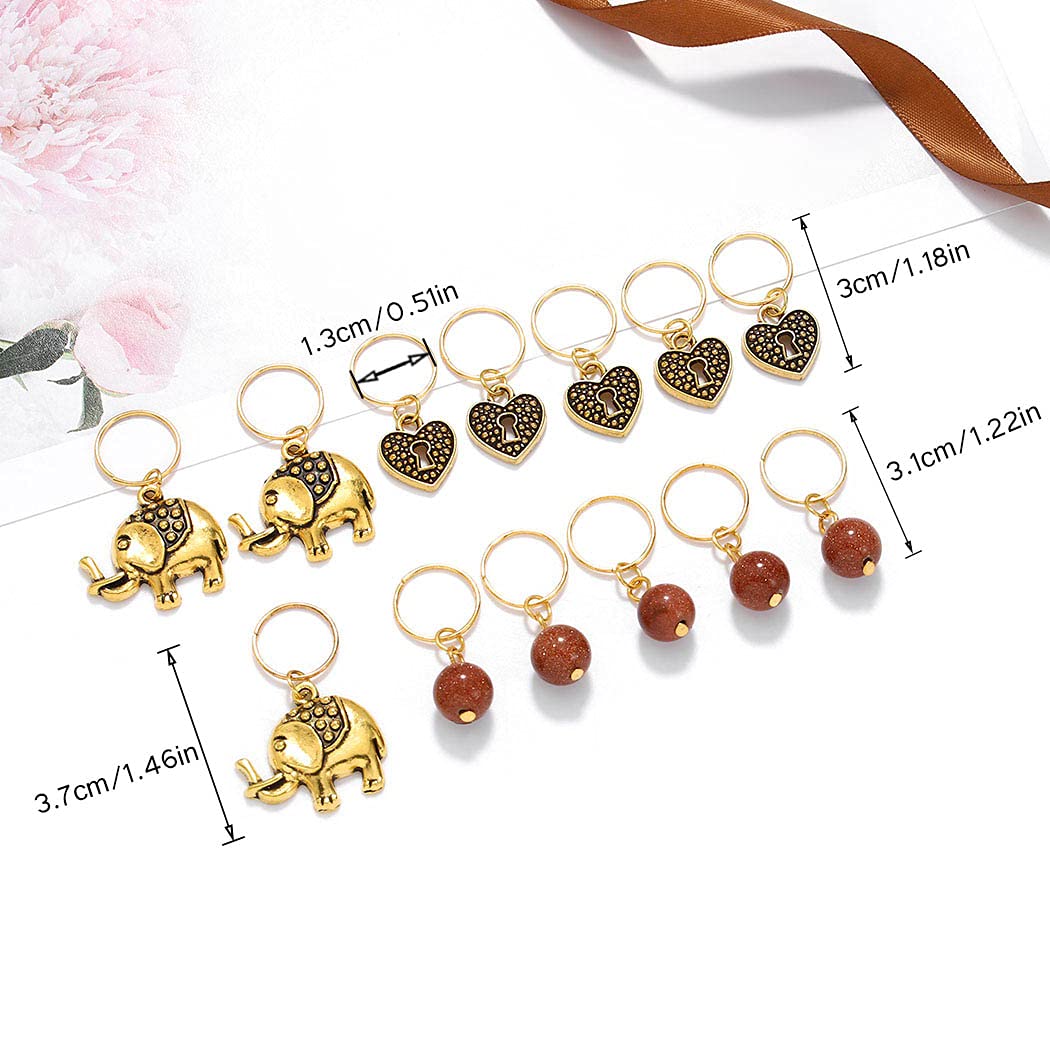 Formery Beads Dreadlock Clip Accessories Gold Elephant Box Braid Rings Heart African Hair Charms Jewelry for Black Women (13PCS)
