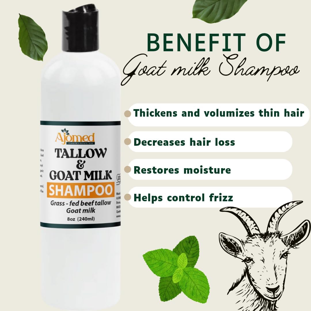 AJOMED Cosmetics Tallow and Goat Milk Shampoo and Conditioner - tallow Hair Hair Growth shampoo for Dry, Damaged hair - Silicone, Paraben, Sulfate