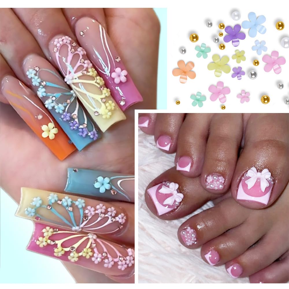 3D Flower Nail Charms, 2 Boxes 3D Acrylic Flower Nail Art Charms and Gems White Pink Mixed Cherry Blossom Spring Rhinestones Acrylic Nail Supplies