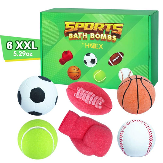 HZEX Sports Themed Bath Bombs Gift Set - 6 Piece Novelty Fizzy Balls with Basketball, Tennis, Baseball, Soccer, Football & Boxing - Fun Spa Kit…