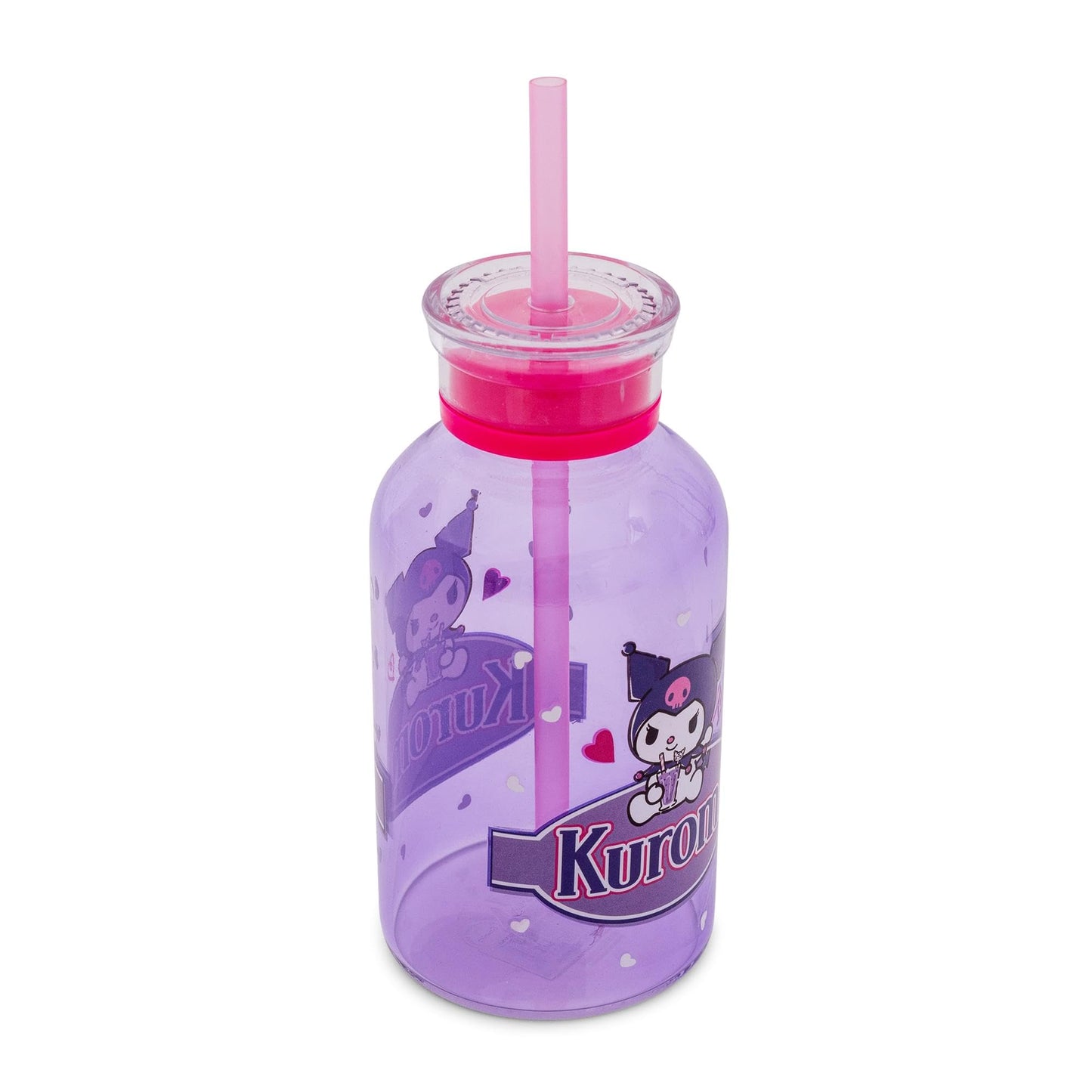 Silver Buffalo Sanrio Hello Kitty and Friends Featuring Kuromi Hearts Purple Glass Milk Bottle with Straw, 15 Ounces
