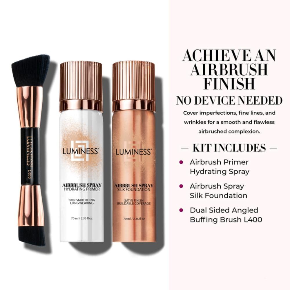 LUMINESS Silk Airbrush Spray Foundation Makeup Starter Kit - Full Coverage Foundation, Primer & Dual-Sided Angled Buffing Brush - Medium Warm