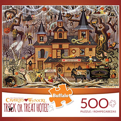 Buffalo Games 500-Piece Puzzle – Charles Wysocki Trick or Treat Hotel – Challenging Adult Jigsaw, 21.25" x 15", Game Night Fun