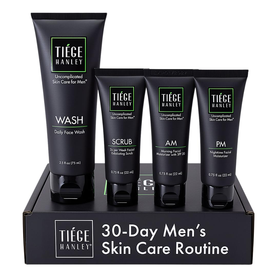Tiege Hanley Skin Care Set for Men, Essential Routine, System Level 1, Daily Face Wash, Facial Scrub, Moisturizer With SPF, and Night Cream Beauty and Personal Care Tiege Hanley