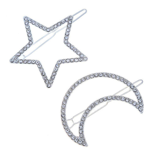 2 Pcs Silver Rhinestone Crystal Geometric Stars Moon Hair Clip Fashion Woman Hollow Side Clip Barrettes Hairpin Hair Accessories