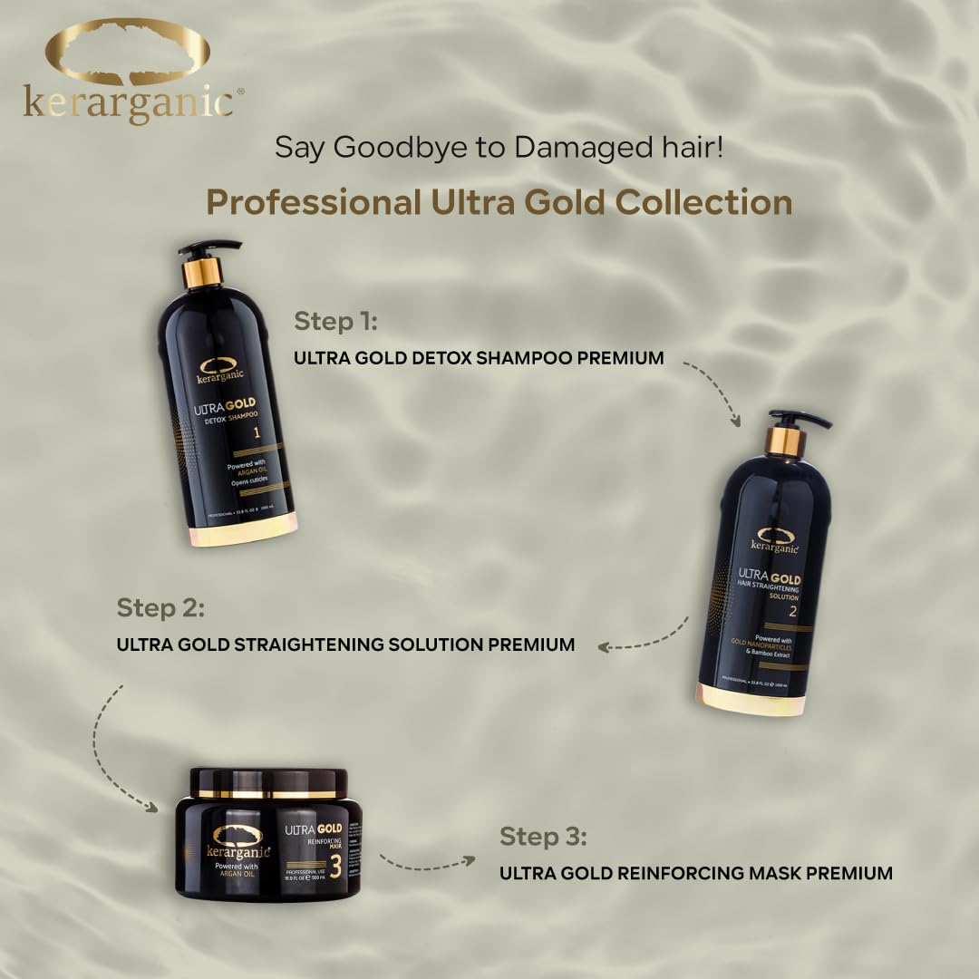 ULTRA GOLD - PROFESSIONAL BRAZILIAN KERATIN TREATMENT BUNDLE (Detox Shampoo 500ml + Keratin Treatment 500ml + Mask 500ml)