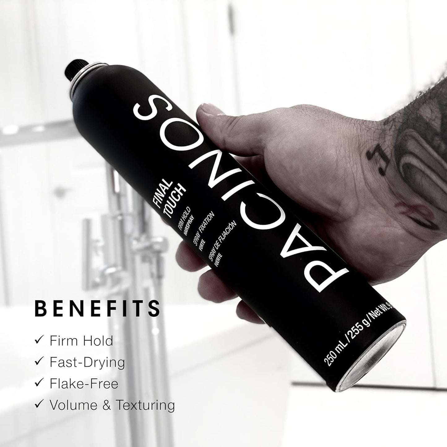 Pacinos Final Touch Hairspray - Anti-Frizz, Firm Hold, Flexible, Fast Drying and Flake Free Aerosol - Add Volume, Texture and Strength to your