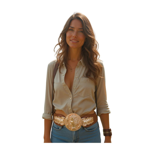 Women Fashion Wide Elastic Belt Hip Waist Gold Metal Greek Coin Buckle S M Brown