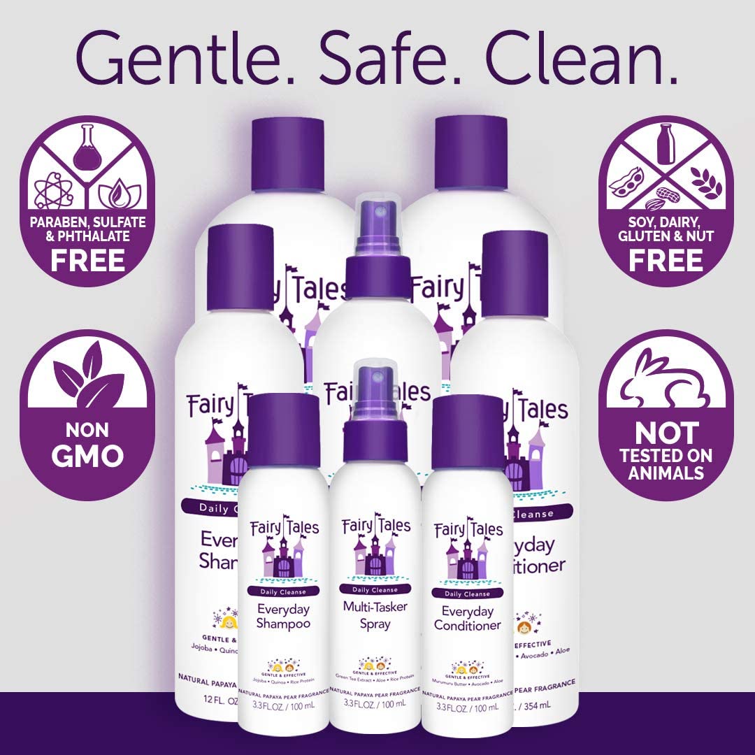 Fairy Tales Daily Cleanse Everyday Kids Shampoo, Conditioner, and Spray set - Gentle Natural Defining, Tangle Free, Moisturizing + Hydrating, Clean +