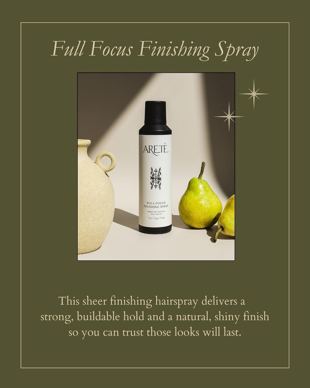 ARETÉ Full Focus Finishing Hair Spray, Strong, Buildable Hold, Shiny Finish, Anti Frizz Hairspray for Women Fine Hair with Edelweiss, Wild Carrot