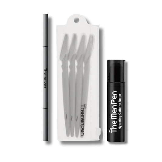 The Men Pen Refresher Kit | Eyebrow, Beard & Hair Filler + Caffeine Eye Roller + Razor 4-Pack, Waterproof, Long-Lasting, Sweat-Proof Grooming