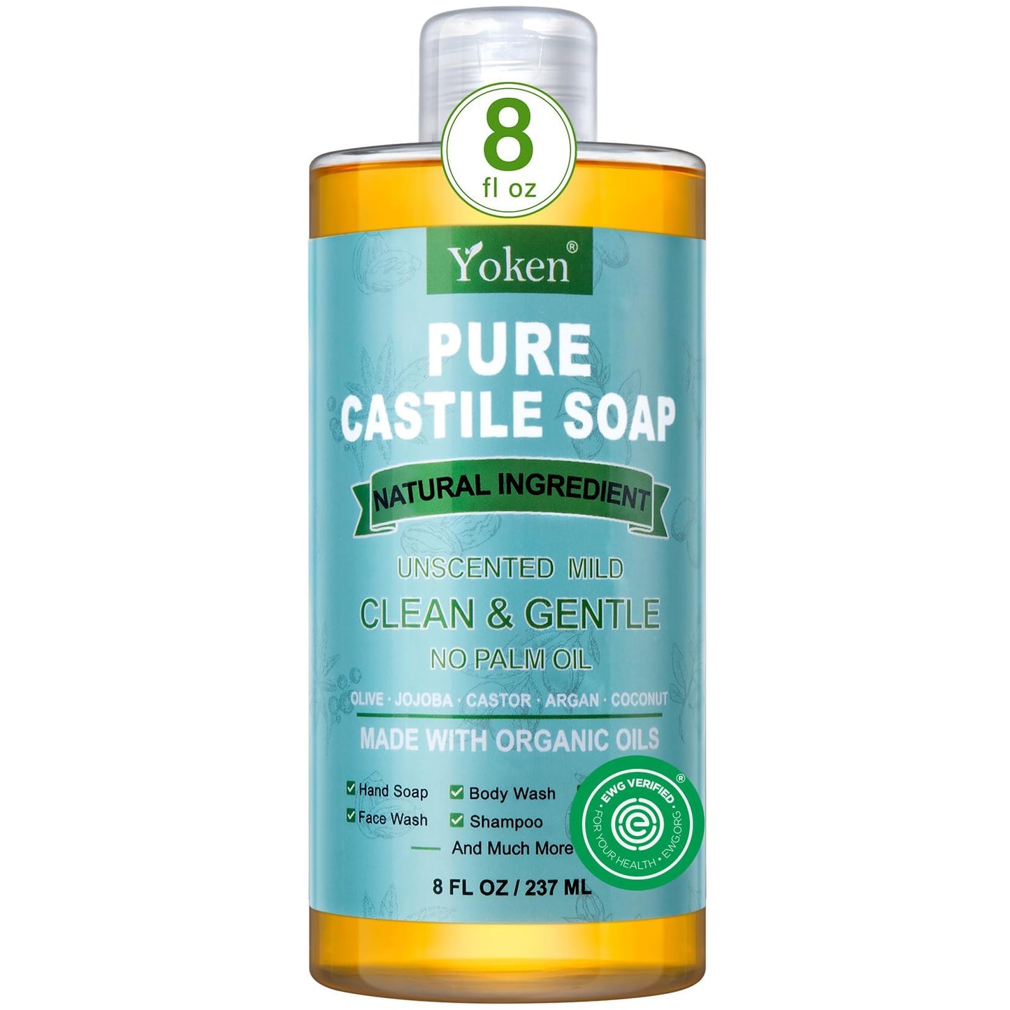 Yoken Pure Castile Liquid Soap 8 Oz Unscented with Organic Oil EWG Verified Beauty and Personal Care Yoken