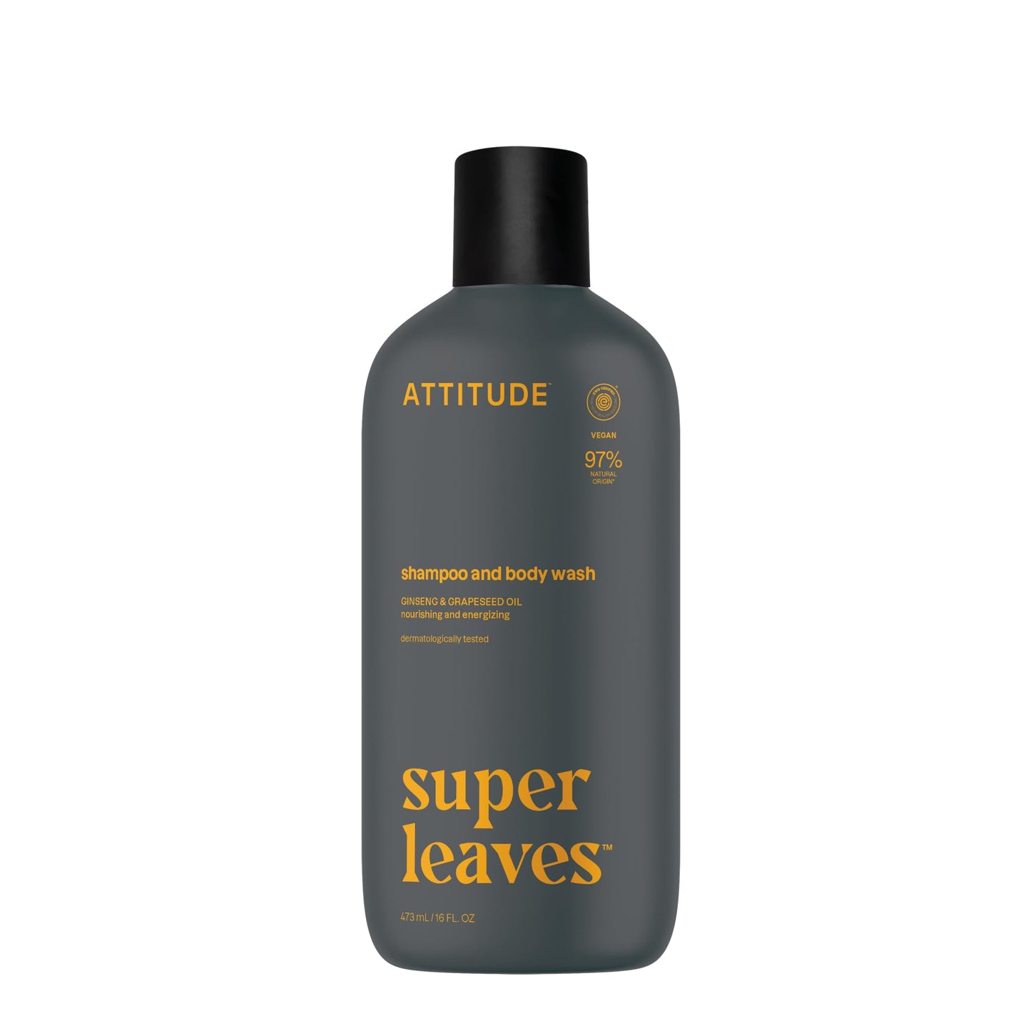 ATTITUDE 2-in-1 Body Wash & Shampoo for Men & Women, EWG Verified, Vegan, Natural Ingredients, Dermatologist-Tested, Ginseng and Grapeseed Oil, 16 Fl