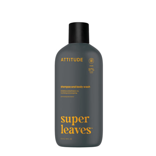 ATTITUDE 2-in-1 Body Wash & Shampoo for Men & Women, EWG Verified, Vegan, Natural Ingredients, Dermatologist-Tested, Ginseng and Grapeseed Oil, 16 Fl
