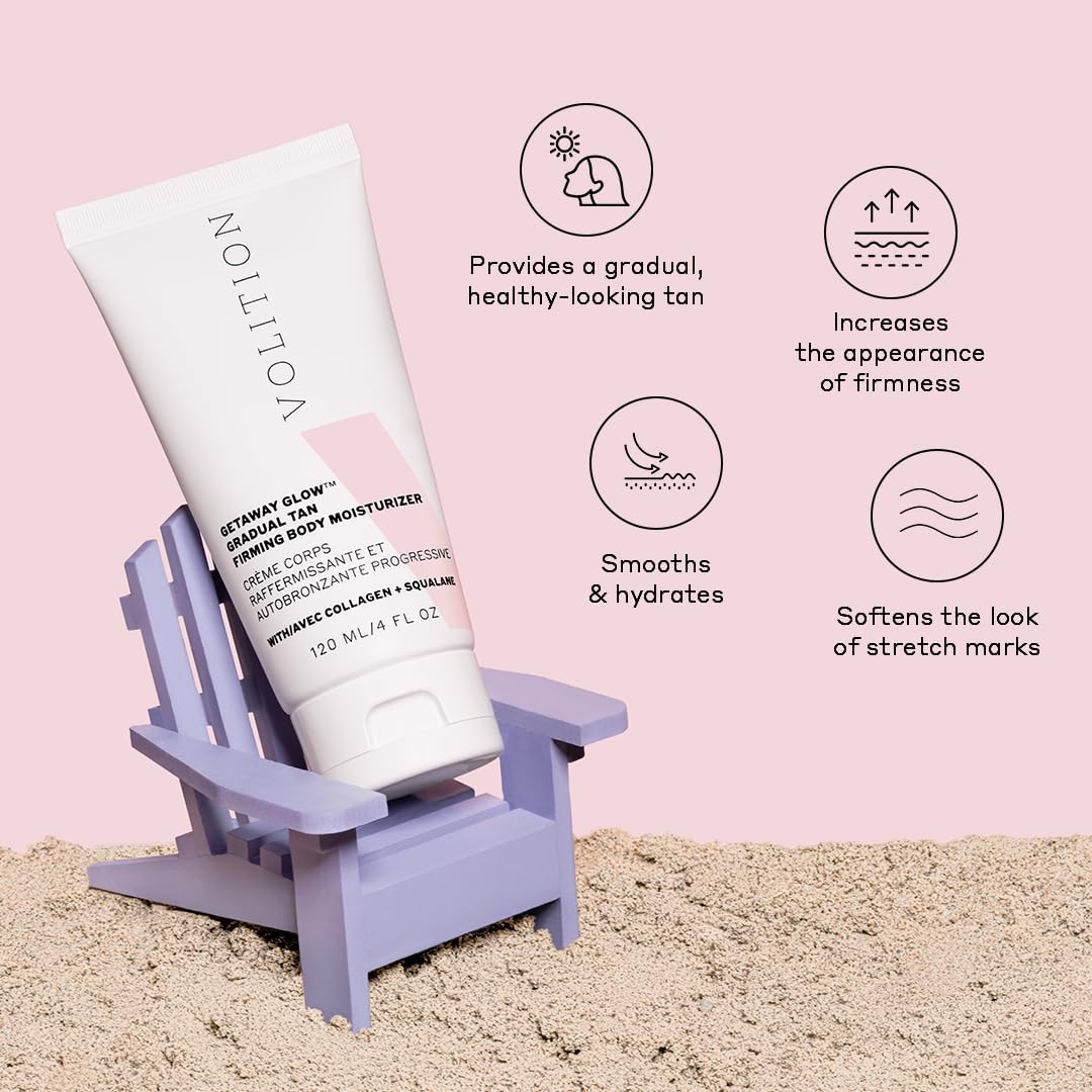 Volition Beauty Getaway Glow Gradual Tan Firming Body Moisturizer with Vegan Collagen + Squalane | Skin Smoothing Cream, Stretchmark Treatment