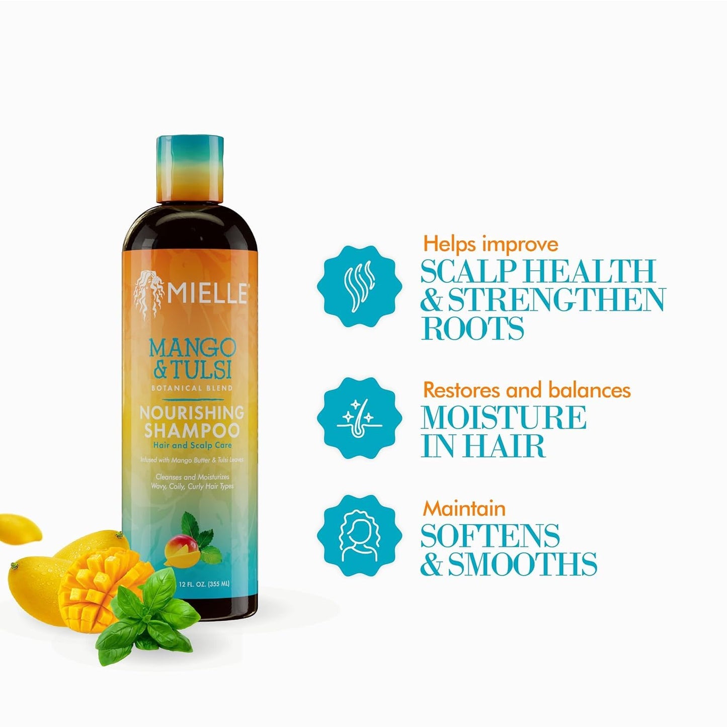 Mielle Organics Mango & Tulsi Nourishing Hair Shampoo - Moisturizing Shampoo for Curly Hair - Gently Cleanses & Remove Scalp Impurities - Nourishes