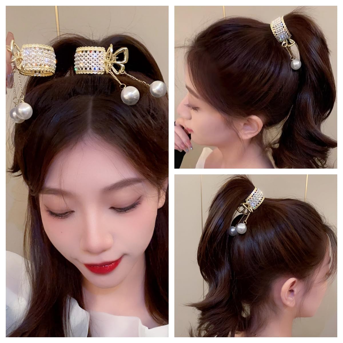 Textention Small Hair Claw Clips for High Ponytail, 2 Pieces Rhinestone Shark Hair Clips with Nonslip Mini Pearl Hair Clamps, Hair Clips Hairpins Hair