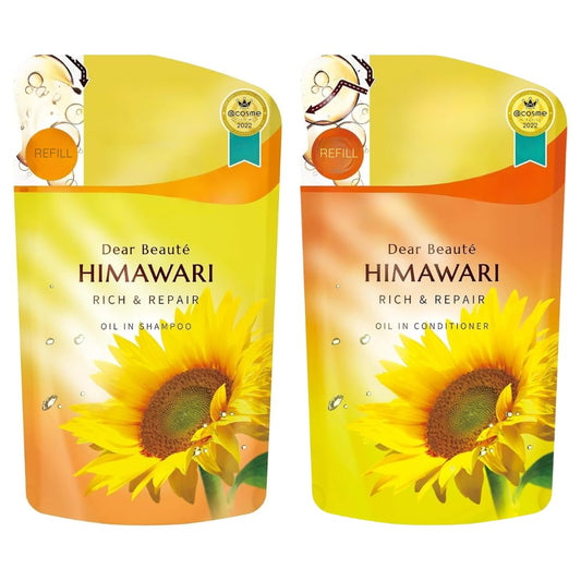 Dear Beauté HIMAWARI Rich & Repair Oil-in Shampoo and Conditioner Refill Set, Non-Silicone, Sulfate Free, for Frizz, Curly, Dry Hair, 400ml, 2 Pack
