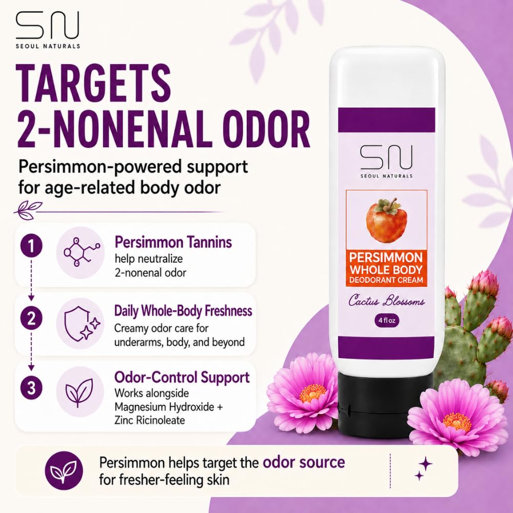 Seoul Naturals Persimmon Whole Body Deodorant Cream 2 Pack, Cactus Blossom Scented, Eliminates Nonenal Odors, k beauty inspired, 8fl oz, 2 x 4fl oz Beauty and Personal Care Seoul Naturals