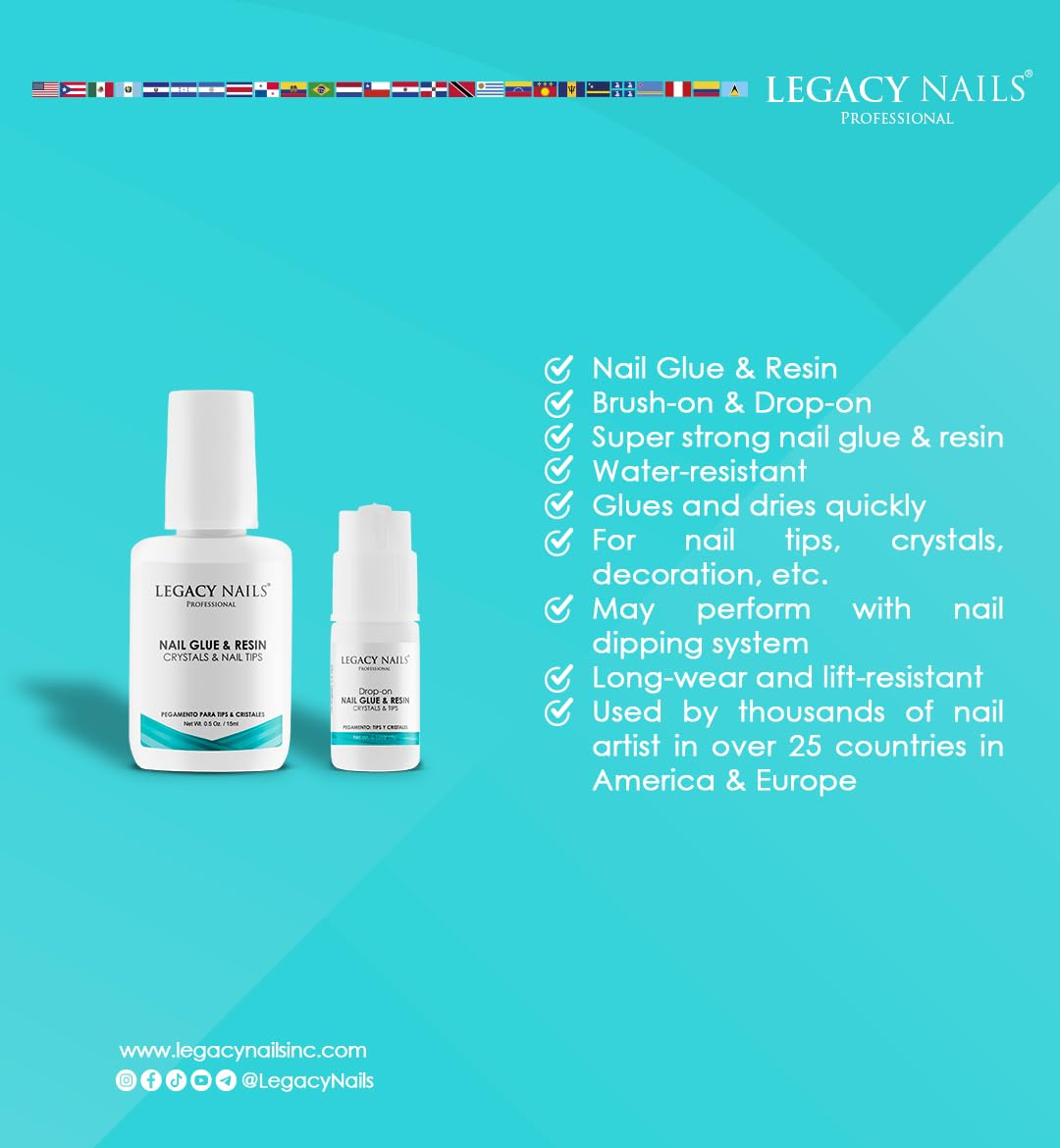 Legacy Nails Professional Nail Glue & Resin 0.5oz Brush-on; Ultra-Strong Adhesive for Nail Repairs, Tips & Extensions, Quick-Drying, Professional