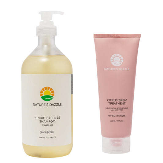 Nature's Dazzle Hinoki Cypress Shampoo(Black Berry Scent) 33.8oz & Citrus Brew Treatment (Grapefruit Scent)7.4oz - Scalp Soothing & Deep Nourishing