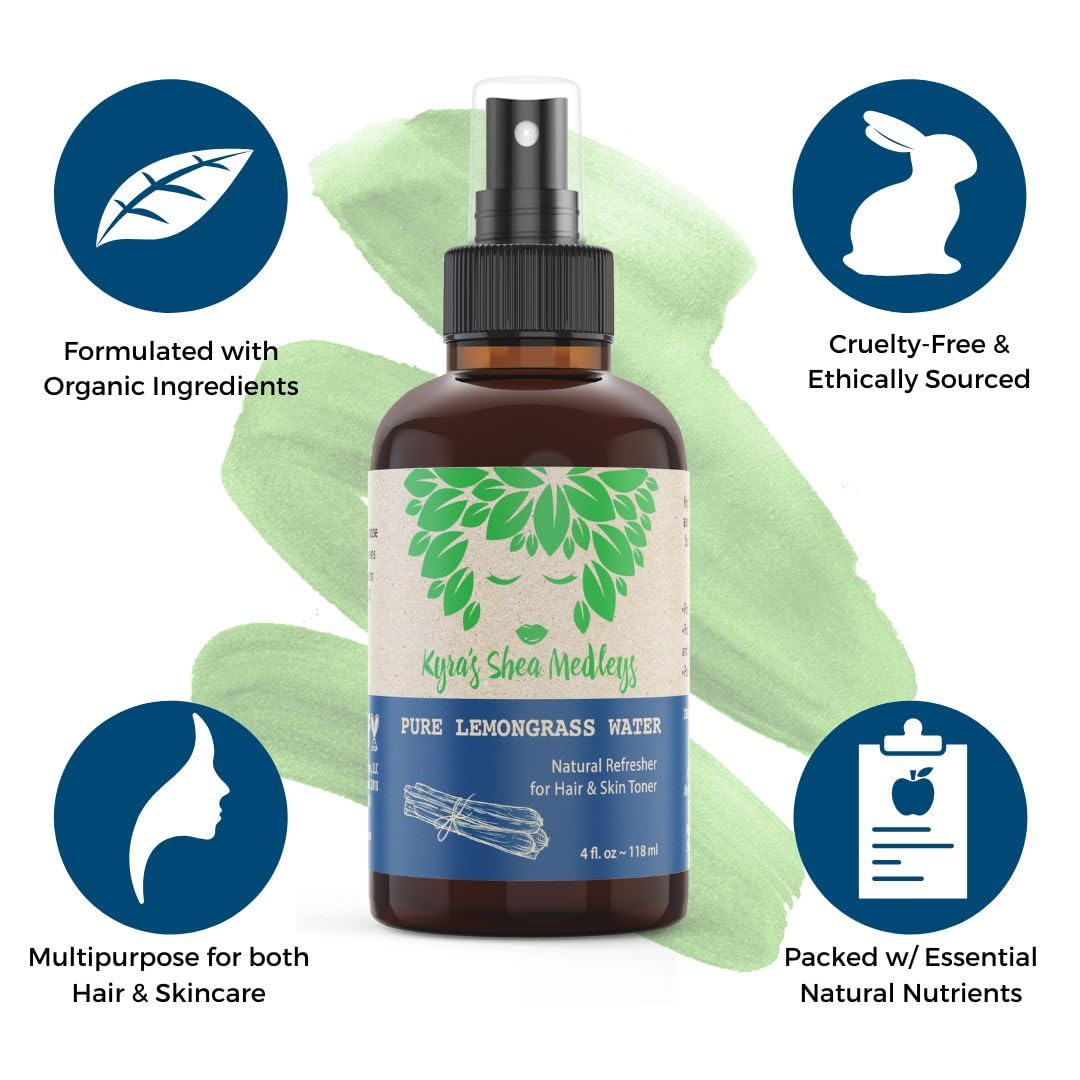 Multiuse Lemongrass Water Toner Mist for Face, Body, and Hair - Pure Distilled Lemograss Water Spray - Soothes and Hydrates Skin, Scalp, Hair, & Nails