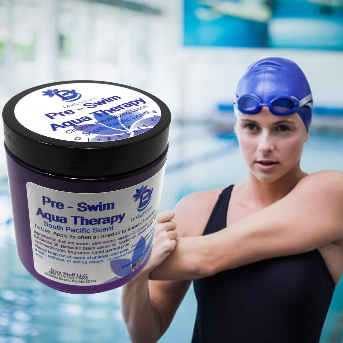 Diva Stuff Pre-Swim Aqua Therapy Chlorine Neutralizing Body Moisturizing Lotion for Swimmers, Protects Skin from Chlorine and Salt Water, 8 oz - Made