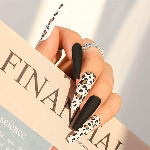 Sethexy Leopard Ballerina False Nail Matte Long Coffin Fake Nails Press on 24Pcs Acrylic Art Nail Tips For Women and Girls (Black)