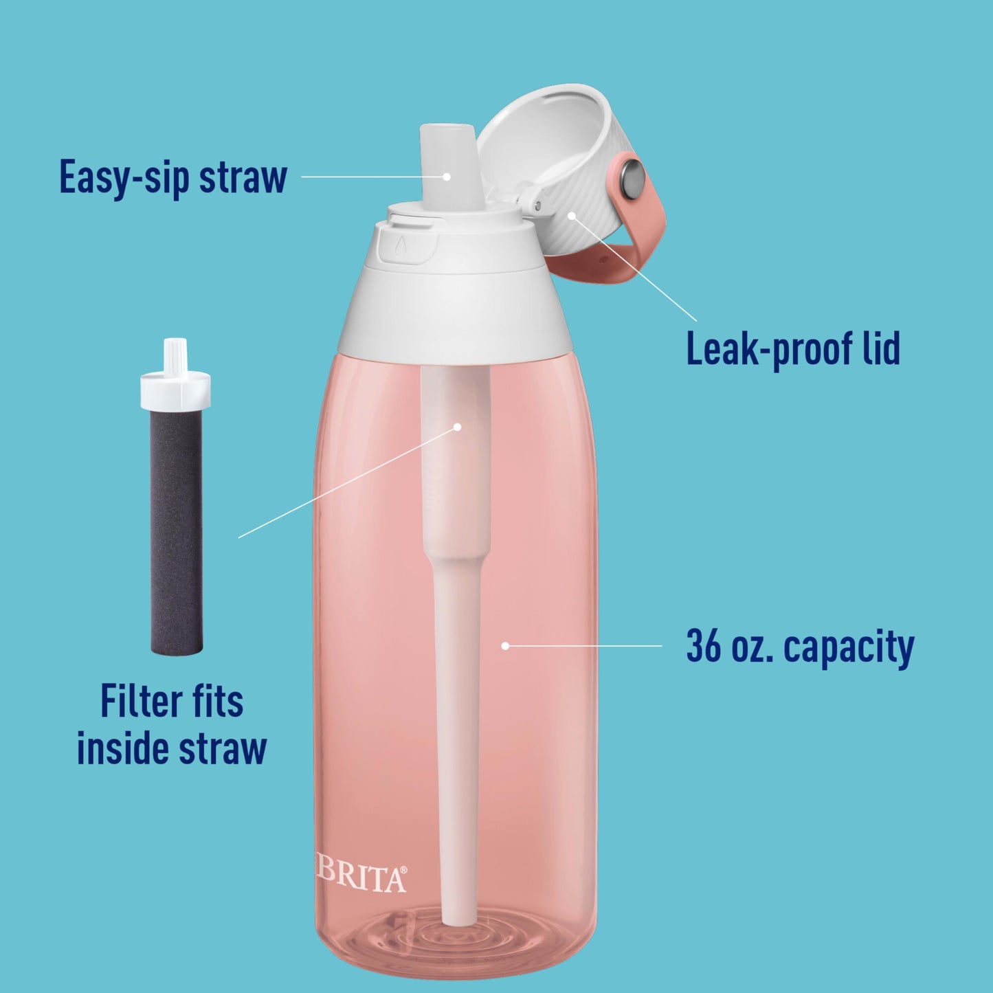Brita Hard-Sided Plastic Premium Filtering Water Bottle, BPA-Free, Reusable, Replaces 300 Plastic Water Bottles, Filter Lasts 2 Months or 40 Gallons