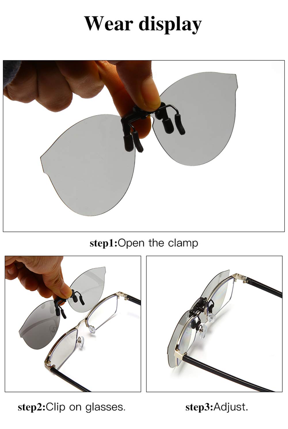 YAMEIZE Polarized Clip-on Sunglasses Anti-Glare UV400 Protection Flip Up Rimless Lens for Prescription Glasses (Grey)