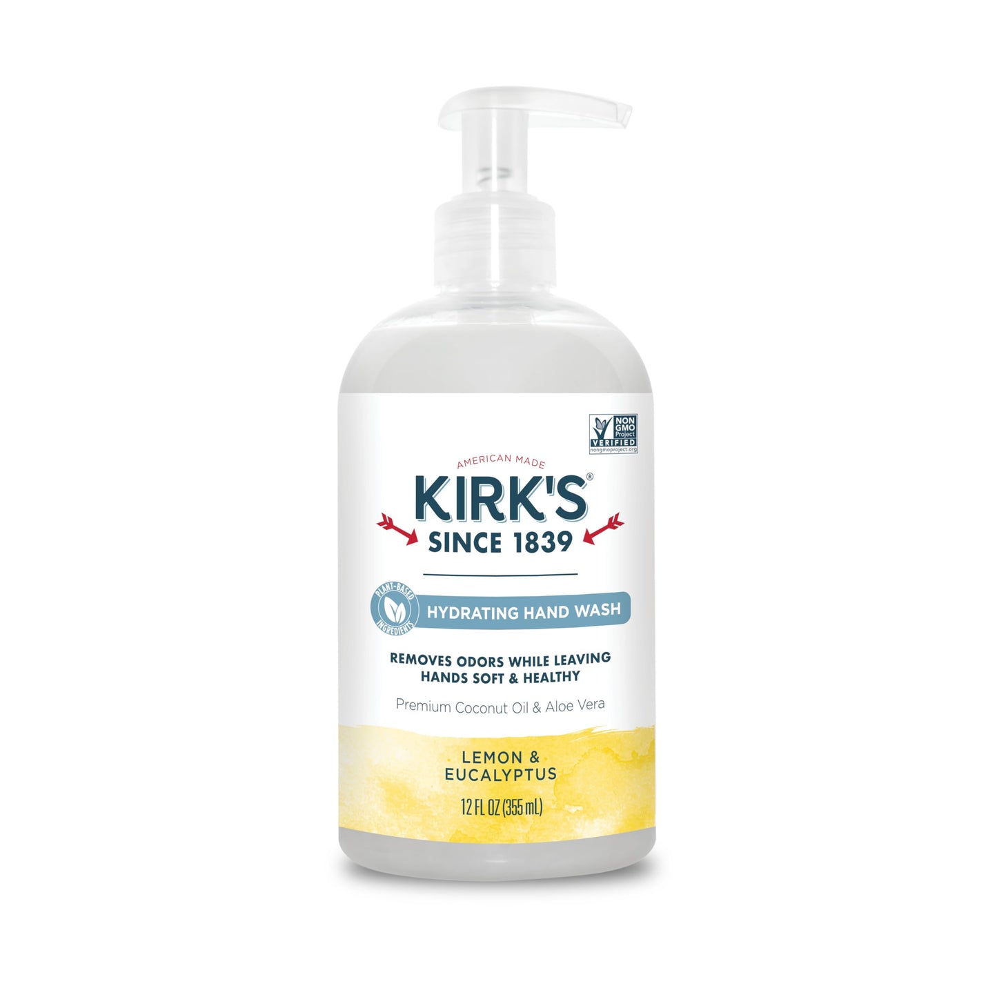 Kirk's Odor-Neutralizing Clean Hand Soap Castile Liquid Soap Pump Bottle | Moisturizing & Hydrating Kitchen Hand Wash | Lemon & Eucalyptus Scent | 12