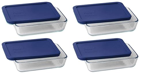 Pyrex 7210 3-Cup Glass Dish & 7210-PC Dark Blue Lid (4-Pack) - Made in USA
