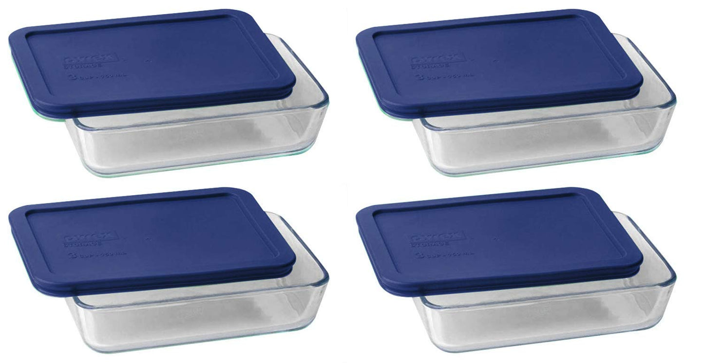 Pyrex 7210 3-Cup Glass Dish & 7210-PC Dark Blue Lid (4-Pack) - Made in USA