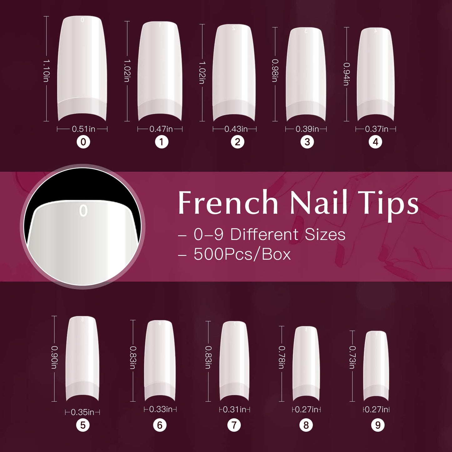 krofaue 500PCS Half Cover False Nails Tips - Acrylic Nail Tips 10 Sizes Lady French Style Acrylic Artificial Tip Manicure with Box for Nail Tips Art