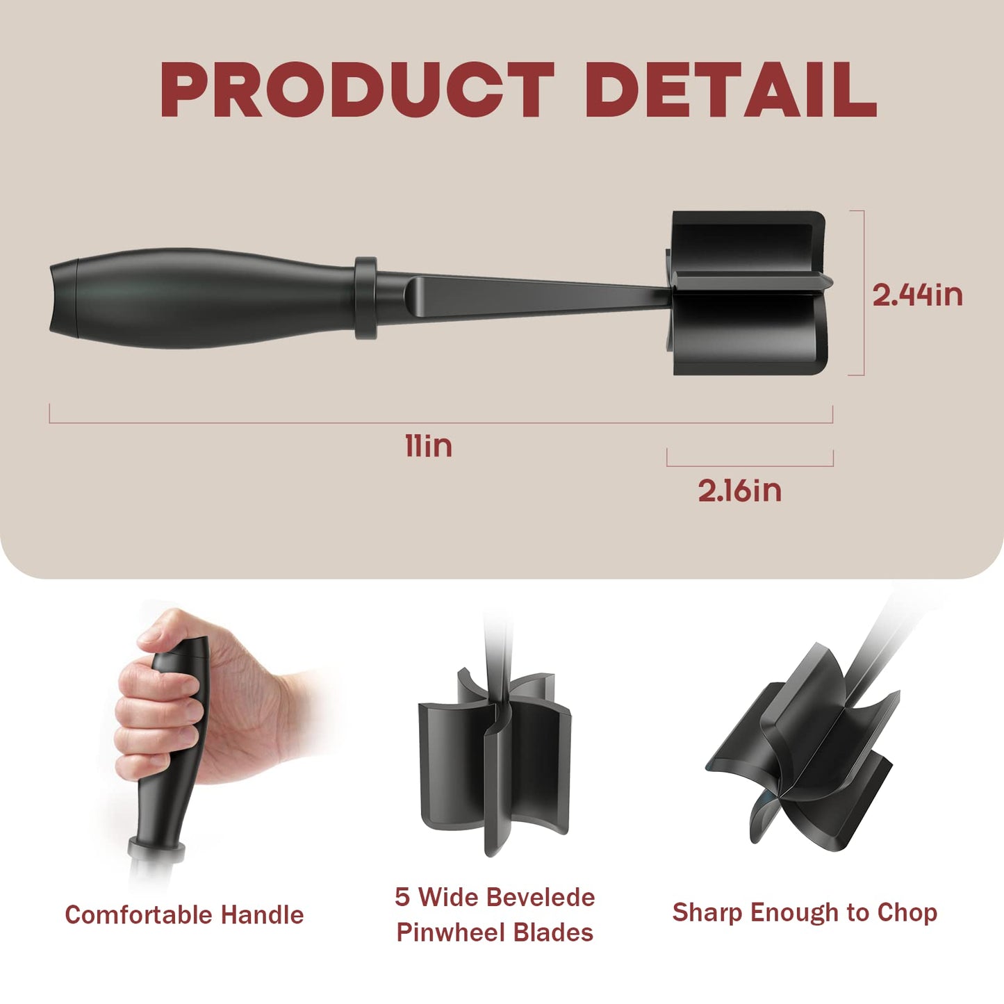 Meat Chopper, Hamburger Grinder, Premium Heat Resistant Smasher for Ground Beef, Burger Grinder Nylon Potato Mix Tool-Black