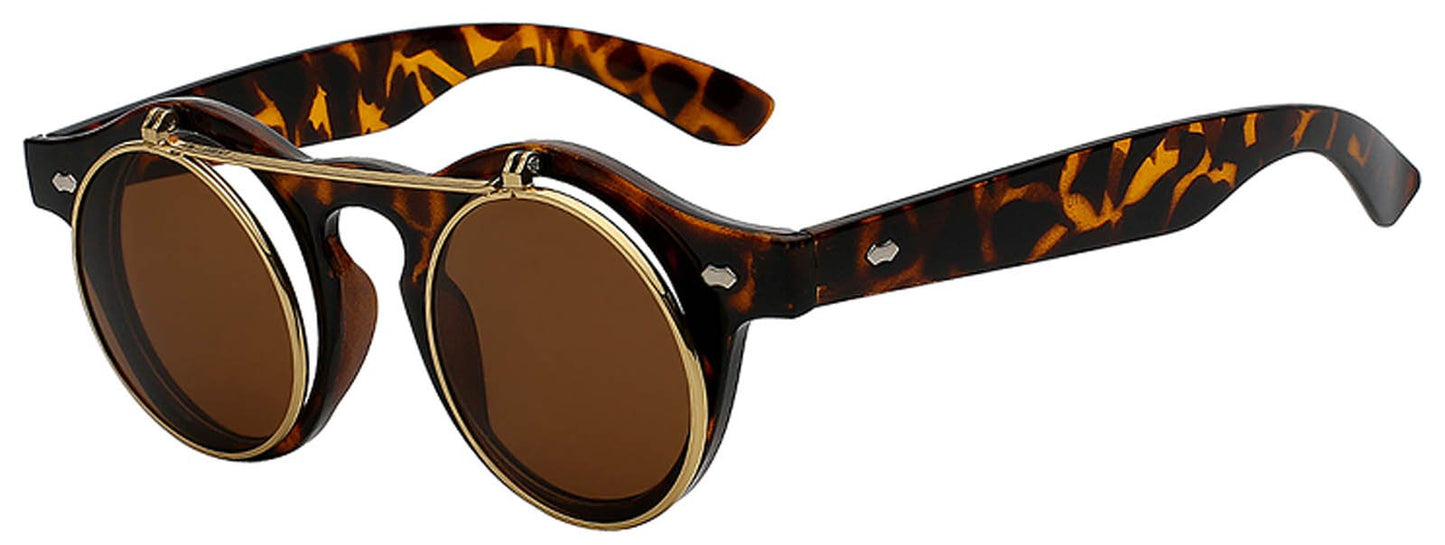 Classic Vintage Circle Flip Up Sunglasses Leopard Gold Frame Retro