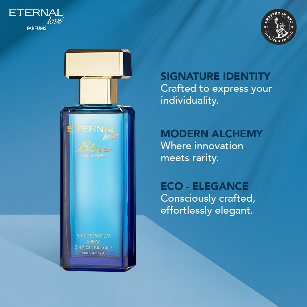 Eternal Love Blue for Women - Long Lasting Eau de Parfum Spray - Soft Powdery Floral Scent with Vanilla & Jasmine - Feminine & Alluring Fragrance