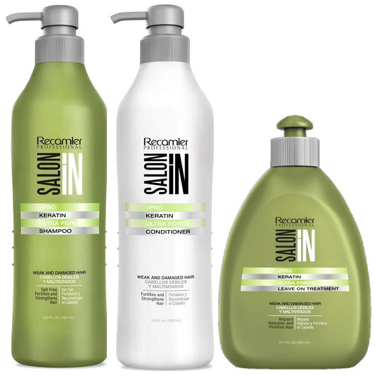 Salon In by Recamier | Keratin Ultra Force Set - Keratin Shampoo, Hair Conditioner & Leave-On Treatment (10.1 fl oz / 300 ml each) | Shampoo