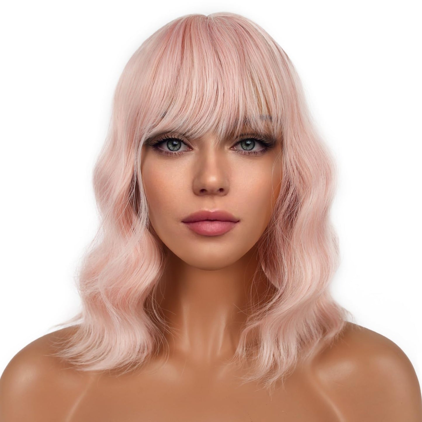 LANCAINI Short Bob Wigs with Bangs for Women Loose Wavy Wig Curly Wavy Shoulder Length Bob Synthetic Cosplay Wig for Girl Colorful Costume Wigs (Peach Beauty and Personal Care LANCAINI Default Title