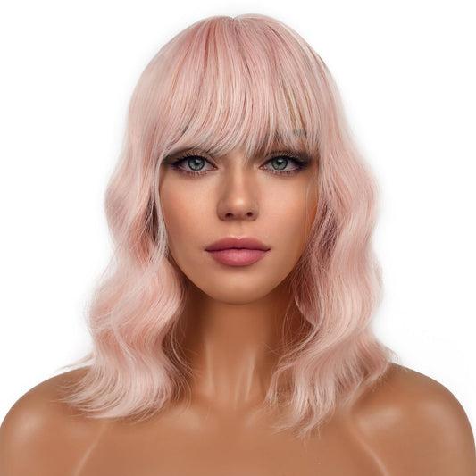 LANCAINI Short Bob Wigs with Bangs for Women Loose Wavy Wig Curly Wavy Shoulder Length Bob Synthetic Cosplay Wig for Girl Colorful Costume Wigs (Peach Beauty and Personal Care LANCAINI Default Title