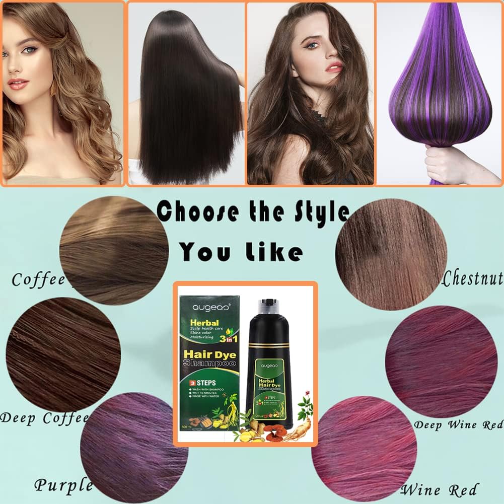 AUGEAS 500ML Black Hair Color Shampoo - Permanent, Organic Herbal 3 IN 1 Natural Fast Hair Dye for Men and Women to Cover Grey/White Hair (WINE RED)