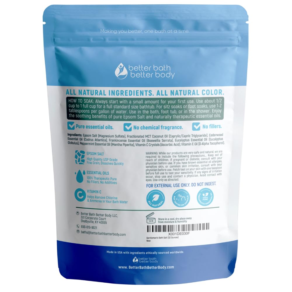 Gentleman's Bath Salt 32 Ounces Epsom Salt with Natural Cedarwood, Frankincense, Eucalyptus and Peppermint Essential Oils Plus Vitamin C in BPA Free
