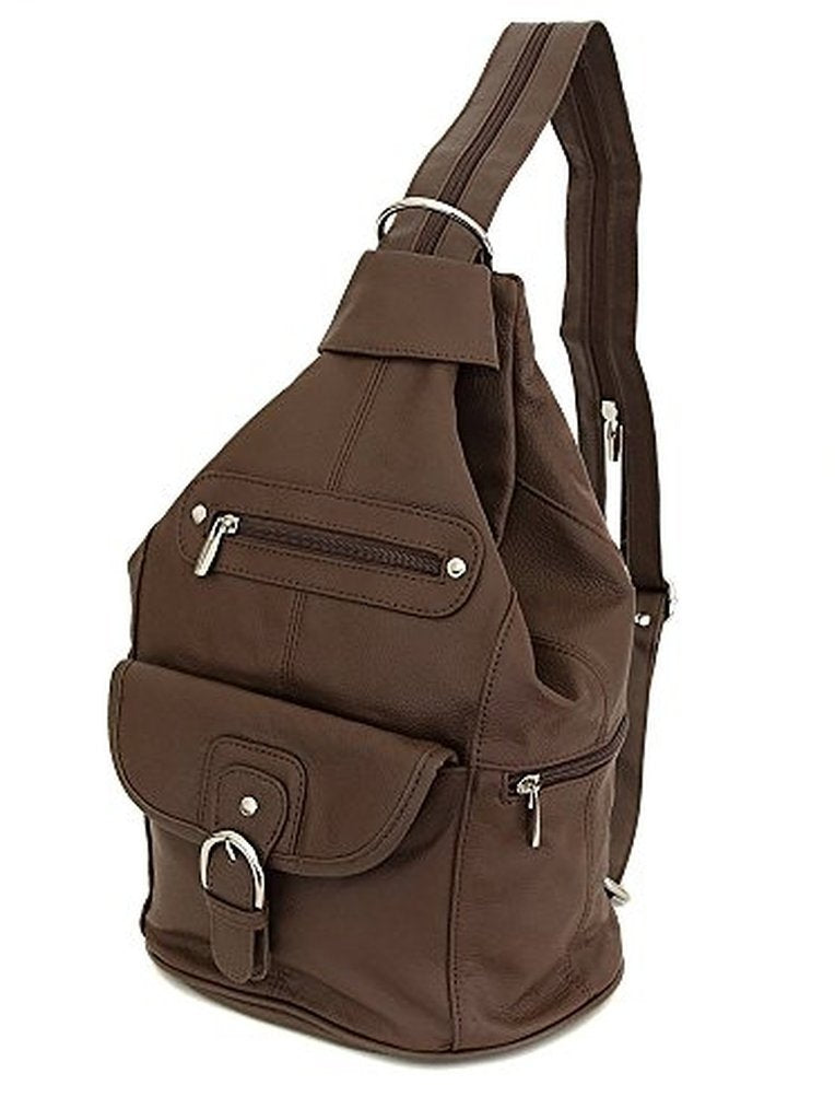 Womens Leather Convertible 7 Pocket Medium Size Tear Drop Sling Backpack Purse Shoulder Bag, Dark Brown