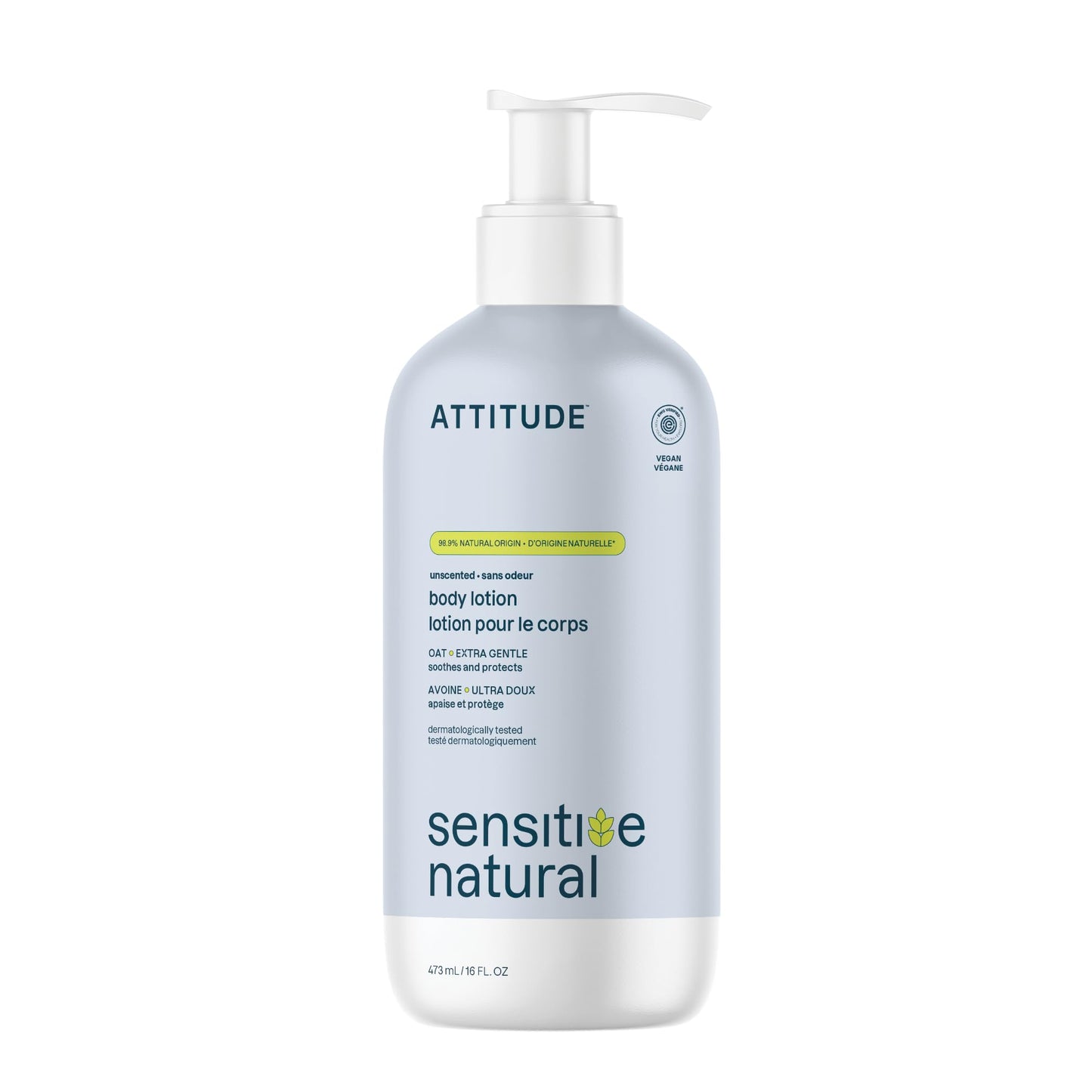 ATTITUDE Body Lotion for Sensitive Skin with Oat, EWG Verified, Dermatologically Tested, Vegan, Extra Gentle, Unscented, 16 Fl Oz