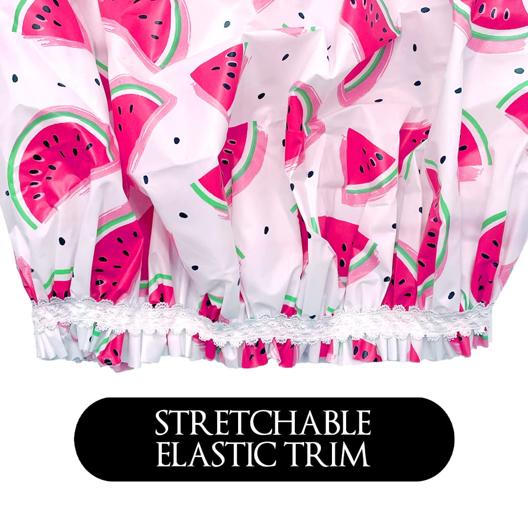 Reusable Vinyl Shower Cap & Bath Cap, Frosted PEVA Elastic Stretch Hem. Multi-Use Waterproof Stretchy Hair Cap for all Hair Lengths - One In A Melon