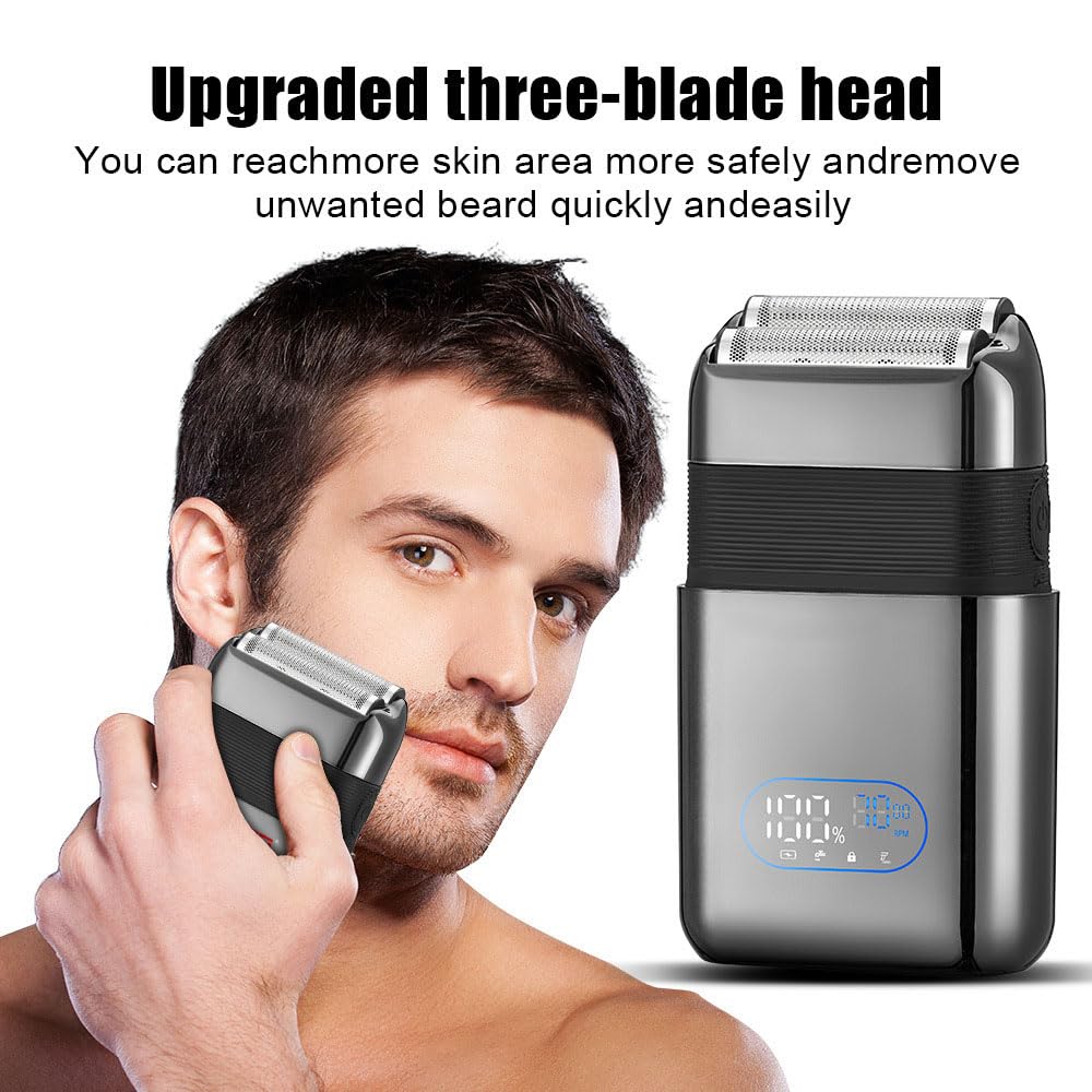 Electric Foil Shavers for Men: Portable Travel Razor with Big LED Display & 3 Floating Blades - IPX7 Waterproof Wet Dry Face, USB Beauty and Personal Care QDKVTNDJZ
