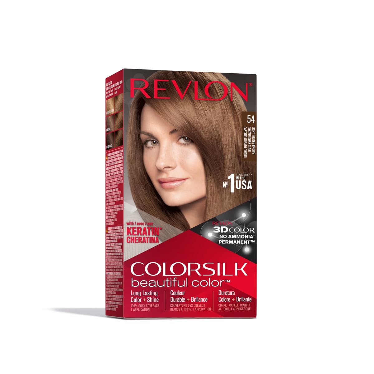 Revlon Permanent Hair Color, Permanent Hair Dye, Colorsilk with 100% Gray Coverage, Ammonia-Free, Keratin and Amino Acids, 54 Light Golden Brown, 4.4