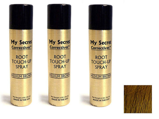 My Secret Correctives Root Touch-Up Natural Highlight Spray - 2oz each - (MEDIUM BROWN) - 3 Cans with FREE Hairline Optimizer Comb