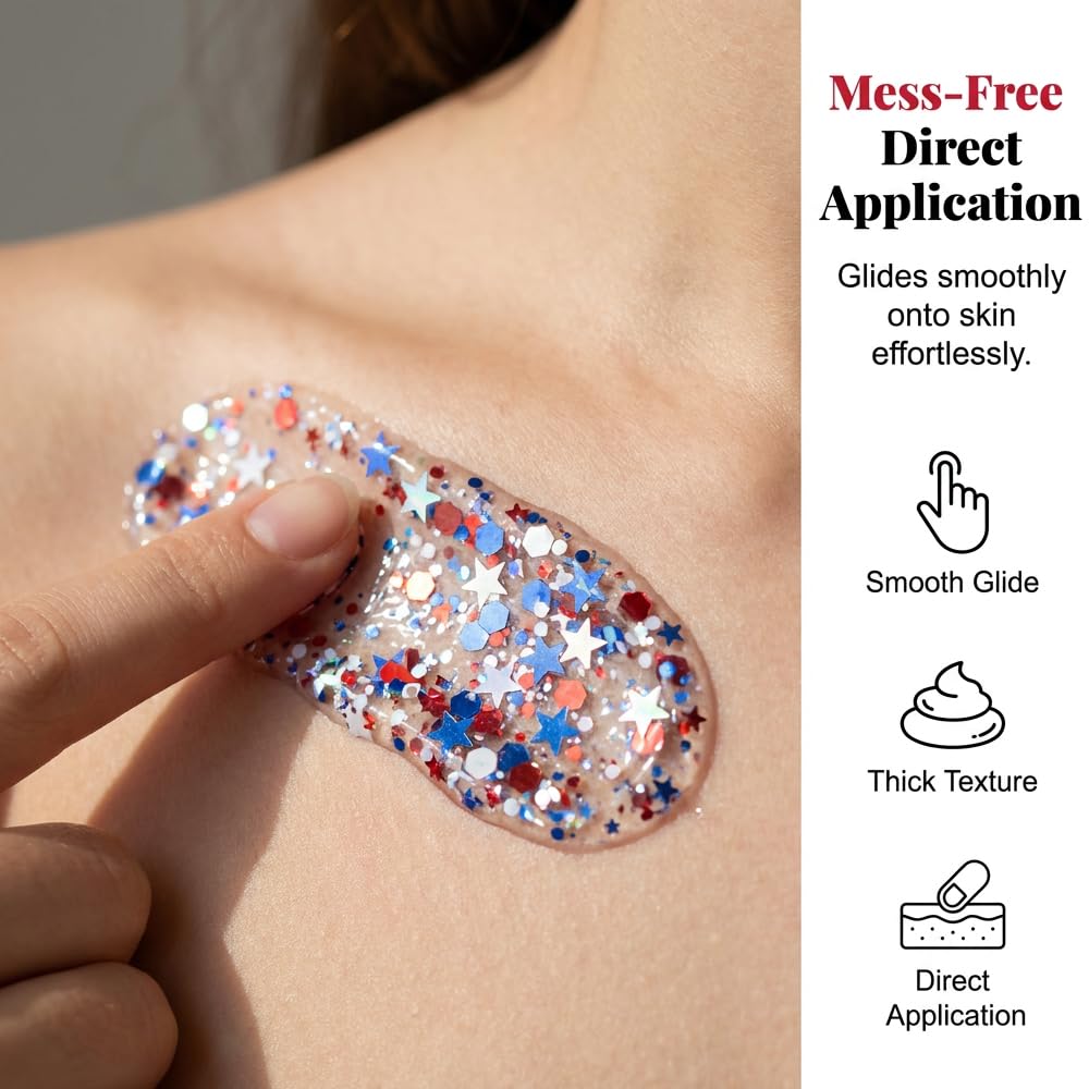 Red White Blue Hair Glitter Stick, 2026 New Patriotic USA Flag Star Chunky Face Body Outfits Sparkle Patriotic Pride Glitter for Soccer President's